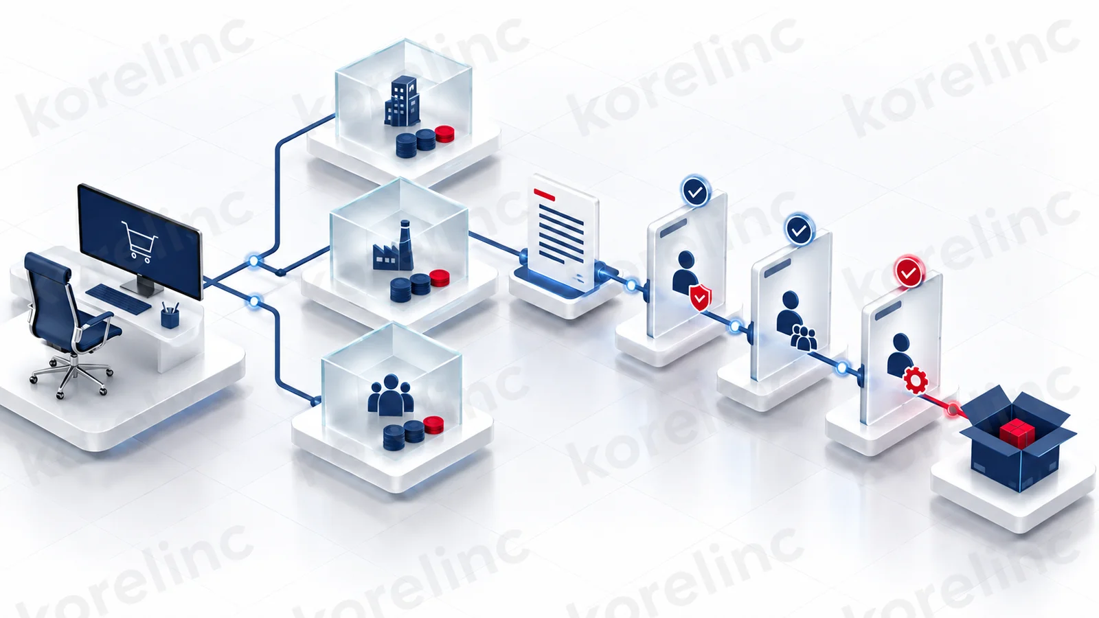 Ilustración conceptual de una cuenta empresarial, centros de costo y etapas de autorización