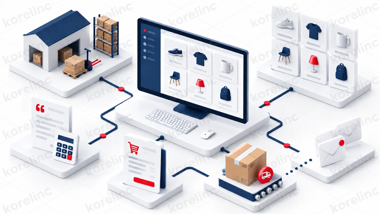 Ilustración de administración de catálogo, documentos comerciales, envíos y comunicaciones